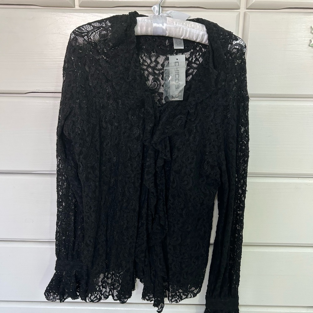 NEVER WORN Chico's Black Lace button down Long Sleeve Top